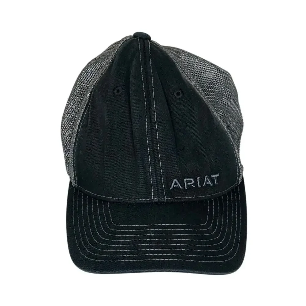 Ariat Flexfit 110 Trucker Hat Mens One Size Black Gray Offset Logo Mesh Snapback